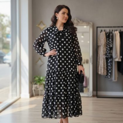 Rochie Sanda neagră cu buline albe 001