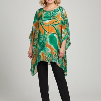Bluza matase over size verde cu portocaliu