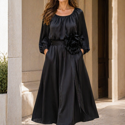Rochie MIRELA neagra din voal cu detaliu tip floare