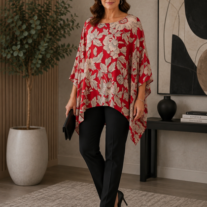 Bluza satin rosie cu flori albe