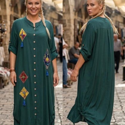 Rochie BOHO CHIC verde inchis cu nasturi A1