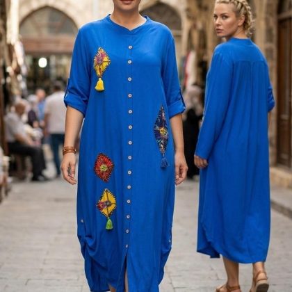Rochie BOHO CHIC albastru inchis cu nasturi A1