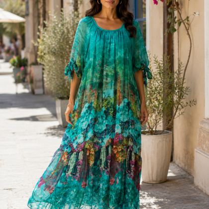 Rochie matase PIA turcoaz floral