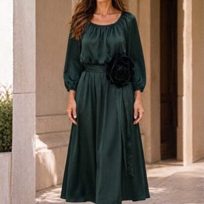 Rochie MIRELA verde din voal cu detaliu tip floare