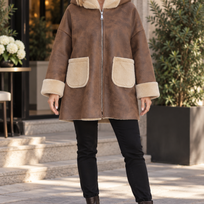 Jacheta stil cojoc piele intoarsa IOANA maro deschis