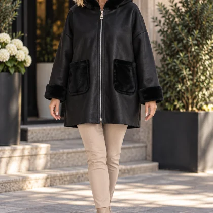 Jacheta stil cojoc piele intoarsa IOANA neagra